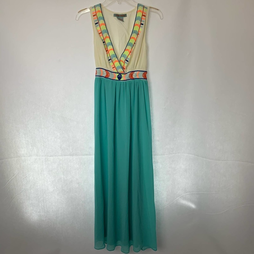 Flying Tomato Turquoise and White with Multicolor‎ Trim Maxi Dress Size Small